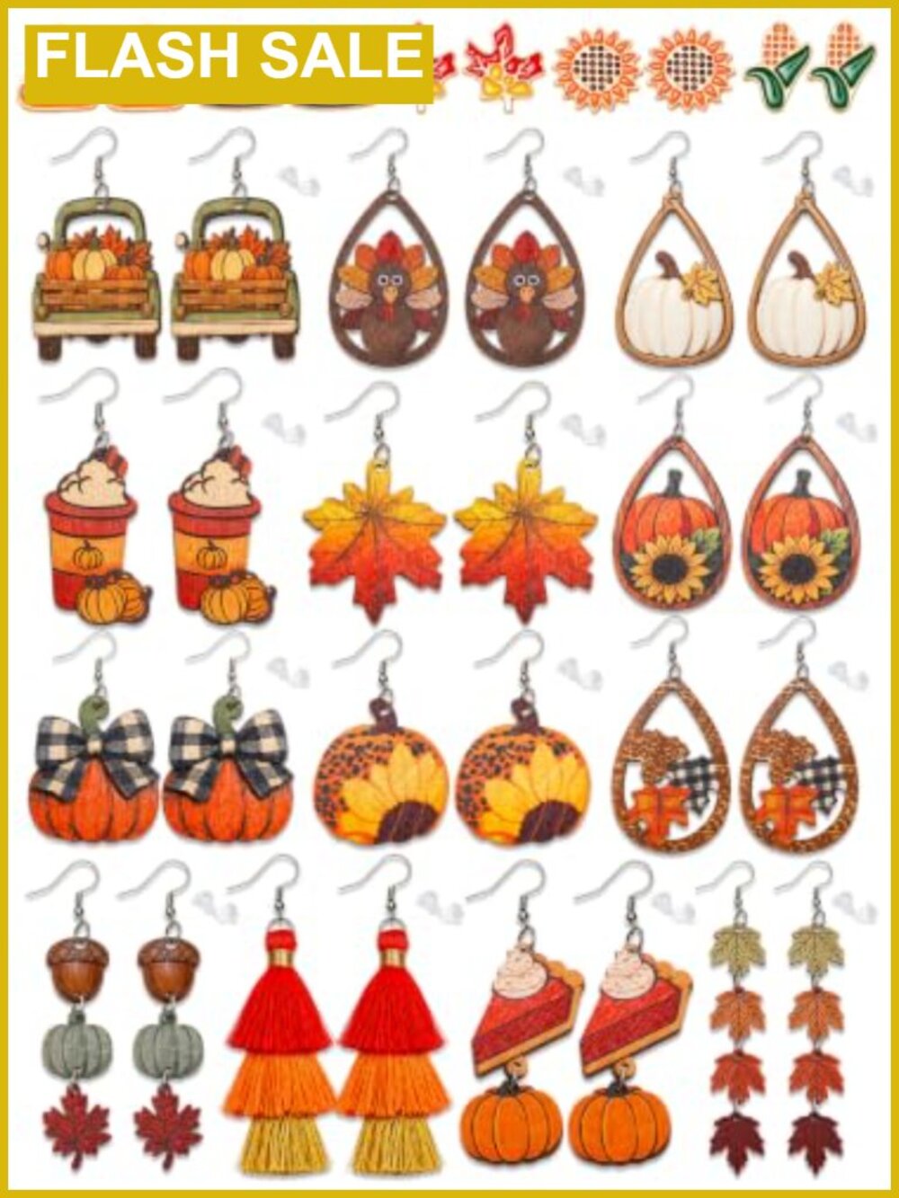 18 Pairs Fall Thanksgiving Earrings Women Stud Dangle Wooden Set